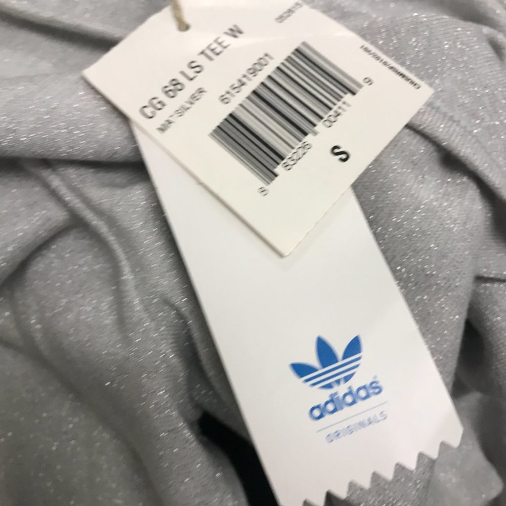 Adidas silver metallic logo long sleeve v neck top S NWT scoop neck - Picture 7 of 7